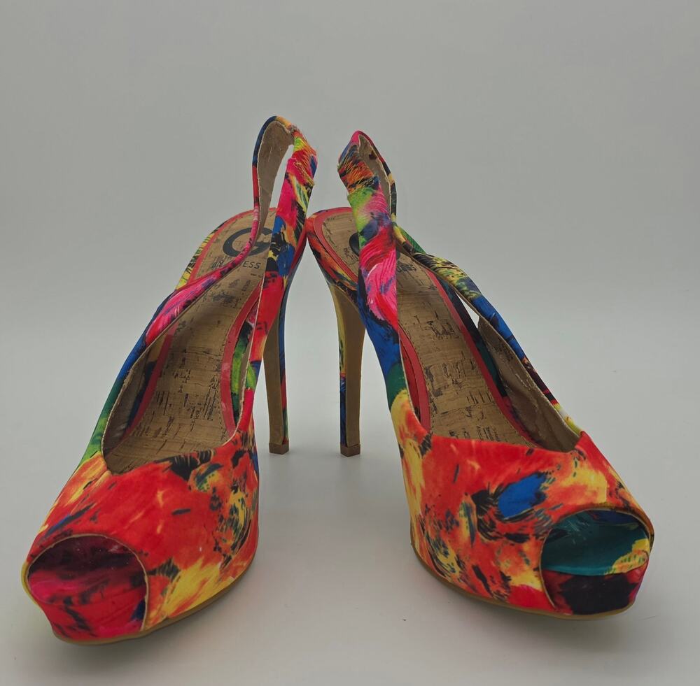 G by Guess Platform Peep-Toe Slingback Heels – Tropical Abstract Print